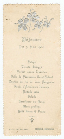 Déjeuner du 5 mai 1903, restaurateur Liébault, Vitry-le-François : menu