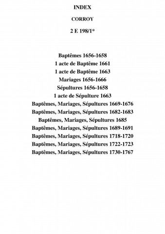 Corroy. Baptêmes, mariages, sépultures 1656-1767
