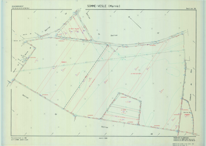 Somme-Vesle (51548). Section XA échelle 1/2000, plan remembré pour 1989 (extension sur Poix section ZA), plan régulier (calque)
