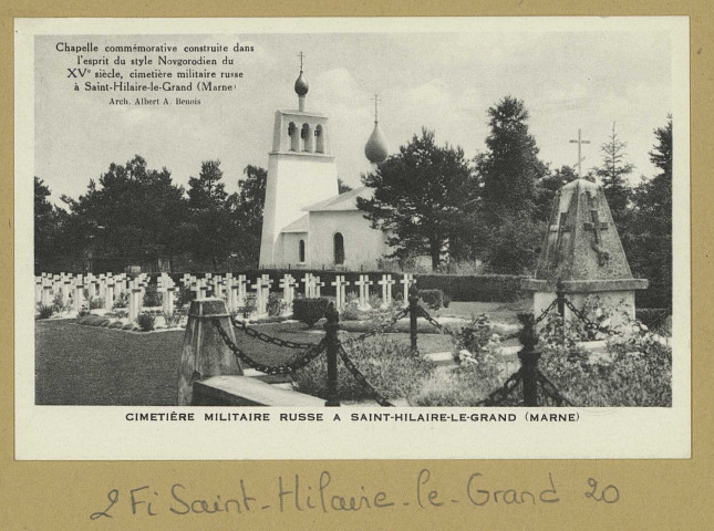 SAINT-HILAIRE-LE-GRAND. Cimetière russe à Saint-Hilaire-le-Grand. Chapelle Commémorative construite dans l'esprit du style Novgorodien du XV siècle, cimetière militaire russe à Saint-Hilaire-le-Grand (Arch. Albert A. Benois) / Studio P. Cadé, photographe.
Boulogne-sur-SeineÉdition Association des officiers russesanciens combattants sur le front français.Sans date