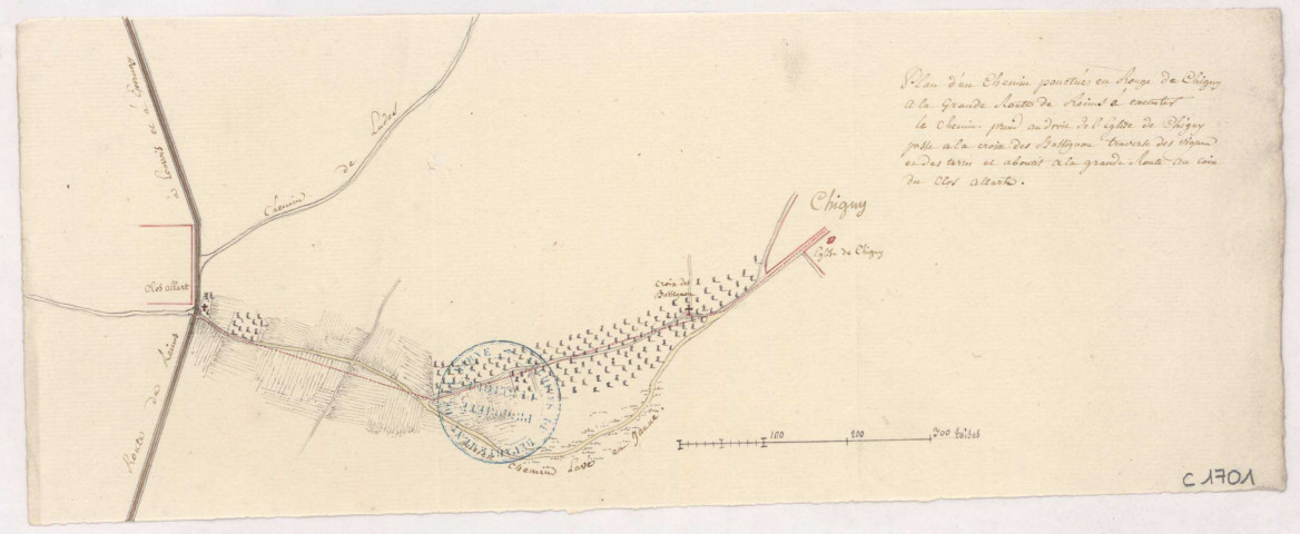 Plan d'un chemin allant de Chigny à la grande route de Reims, 1779.