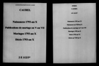 Caurel. Naissances, mariages, décès, publications de mariage 1793-an X