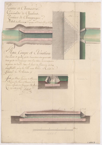 Route n° 31 de Rouen à Reims. Plan, coupe et élévation de la reconstruction du pont du Chanois, 1774.