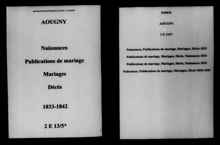 Aougny. Naissances, publications de mariage, mariages, décès 1833-1842