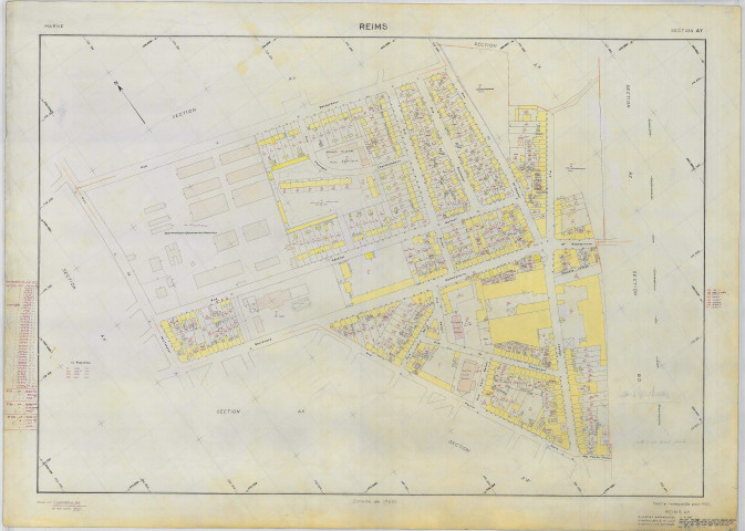 Reims (51454). Section AY échelle 1/1000, plan renouvelé pour 1968, plan régulier (papier armé).