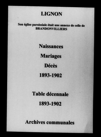 Lignon. Naissances, mariages, décès et tables décennales des naissances, mariages, décès 1893-1902