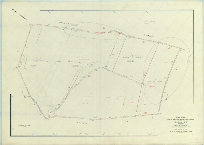 Saint-Jean-sur-Moivre (51490). Section ZK échelle 1/2000, plan remembré pour 1967, plan régulier (papier armé)