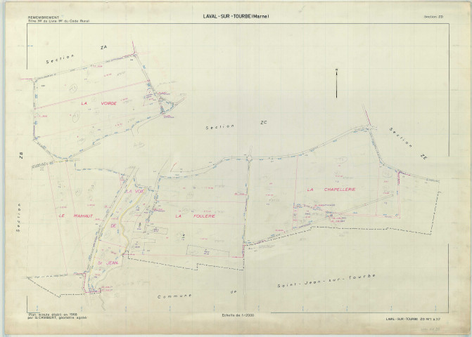 Laval-sur-Tourbe (51317). Section ZD échelle 1/2000, plan remembré pour 1968, plan régulier (papier armé)