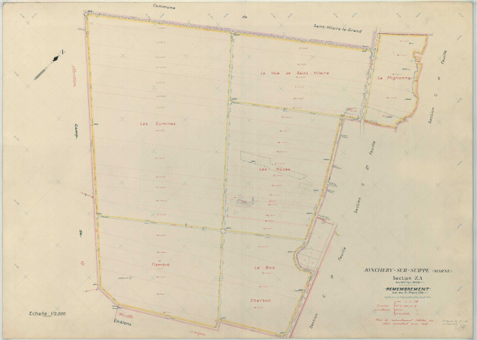 Jonchery-sur-Suippe (51307). Section ZA échelle 1/2000, plan remembré pour 1957, plan régulier (papier armé)
