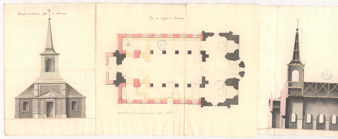 Plan de l'église de Chaumuzy, Elévation du pont de Chaumuzy, Plan d'un pont neuf à construire sur la rivière d'Ardres à l'entrée de Chaumuzy, 1771.