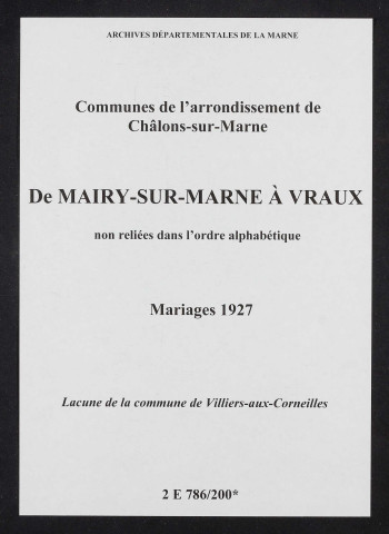 Communes de Mairy-sur-Marne à Vraux de l'arrondissement de Châlons. Mariages 1927