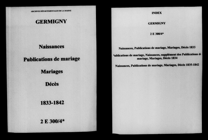 Germigny. Naissances, publications de mariage, mariages, décès 1833-1842