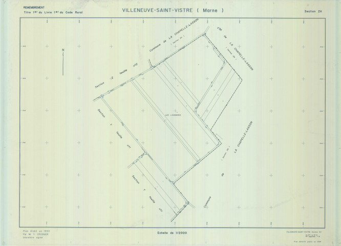 Villeneuve-Saint-Vistre-et-Villevotte (51628). Section ZH échelle 1/2000, plan remembré pour 01/01/1993, plan régulier de qualité P5 (calque)