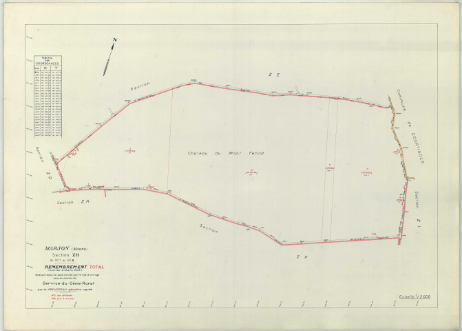 Marson (51354). Section ZH échelle 1/2000, plan remembré pour 1968, plan régulier (papier armé)