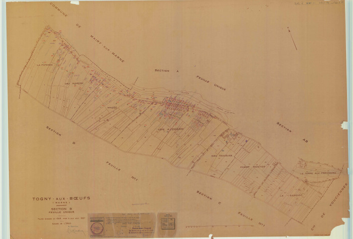 Togny-aux-Bœufs (51574). Section B échelle 1/2500, plan mis à jour pour 1965, plan non régulier (calque)