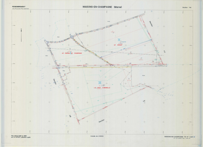 Maisons-en-Champagne (51340). Section YW échelle 1/2000, plan remembré pour 1989, plan régulier (calque)