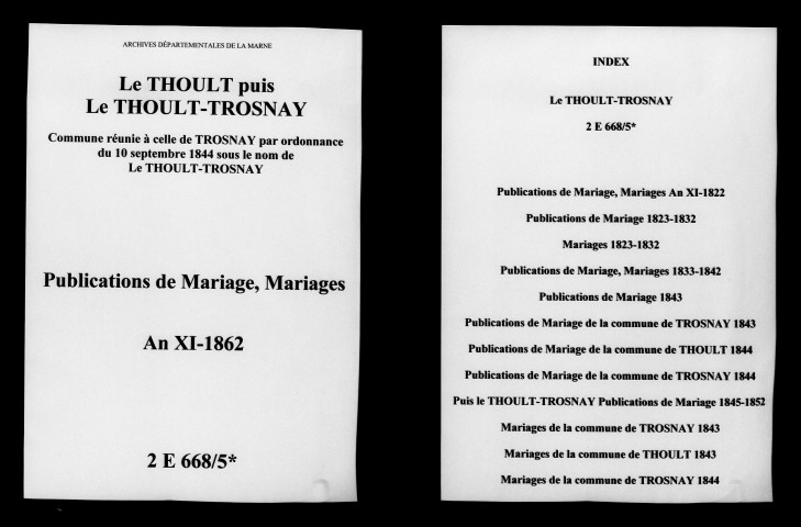 Thoult (Le). Trosnay. Thoult-Trosnay (Le). Publications de mariage, mariages an XI-1862