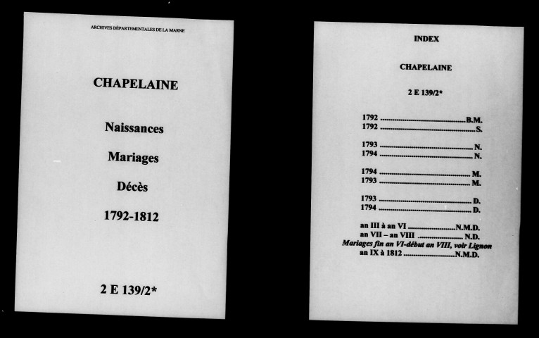 Chapelaine. Naissances, mariages, décès 1792-1812
