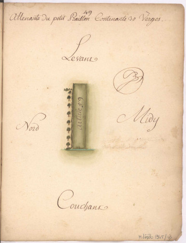 Cayet des plans et figures des prés de l'hotel Dieu de Sainte Manéhould, 1761. Plan n° 49 : attenante du petit Praillon.