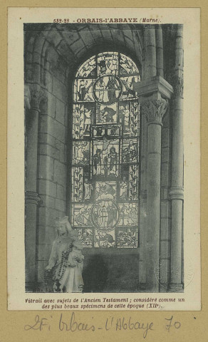 ORBAIS. -532-28-Vitrail avec sujets de l'Ancien Testament ,considéré comme un des plus beaux spécimens de cette époque (XIIe s.).
ParisArtistic.Sans date