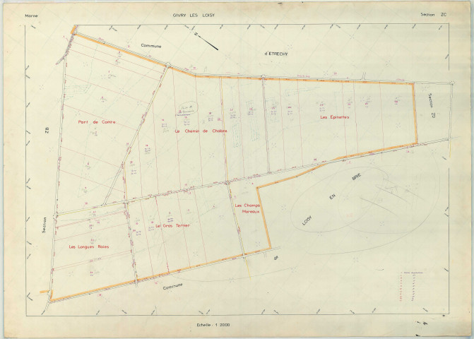 Givry-lès-Loisy (51273). Section ZC échelle 1/2000, plan remembré pour 1973, plan régulier (papier armé)