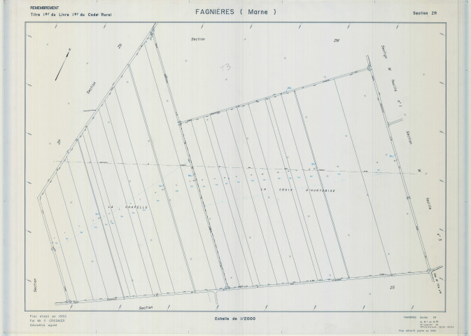 Fagnières (51242). Section ZR échelle 1/2000, plan remembré pour 1992, plan régulier (calque)