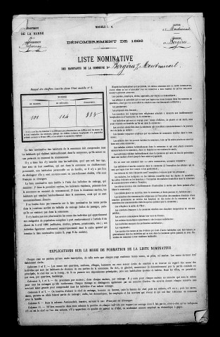 Bergères-sous-Montmirail. Dénombrement de la population 1886