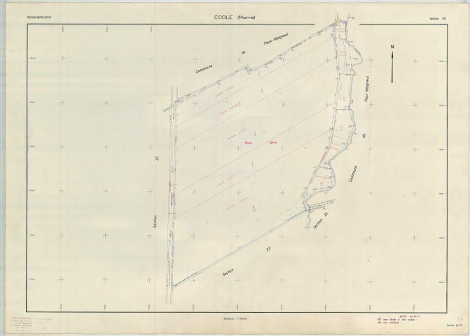 Coole (51167). Section ZK échelle 1/2000, plan remembré pour 1967, plan régulier (papier armé)