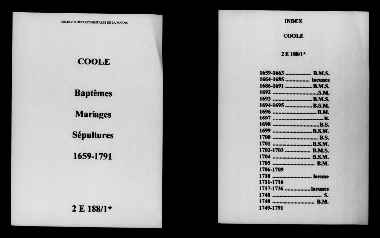 Coole. Baptêmes, mariages, sépultures 1659-1791