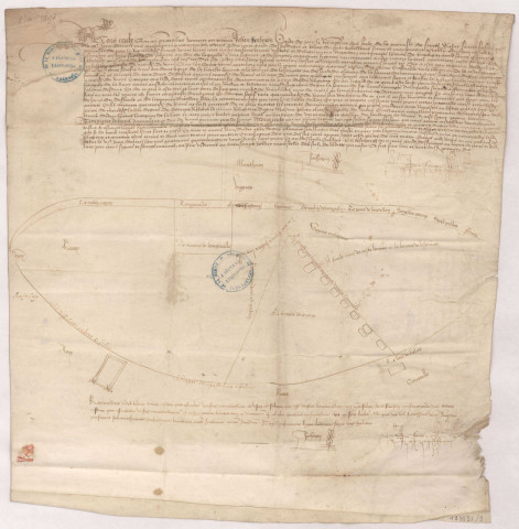 Limites des terres de l'archevêque de Reims joigant le terroir de Montaon (Aisne) : plan des lieux, 9 avril 1491.
