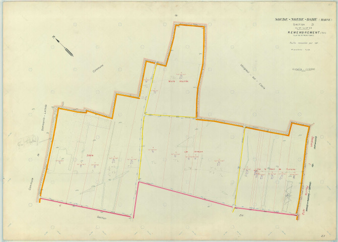 Soudé (51555). Soudé-Notre-Dame (51554). Section ZI échelle 1/2000, plan remembré pour 1967, plan régulier (papier armé)