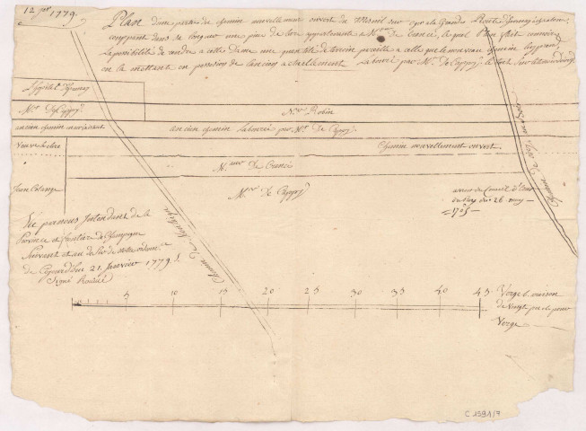 Plan d'une partie du chemin nouvellement ouvert du Mesnil-sur-Oger sur la grande route d'Epernay à Chaalons, 1779.