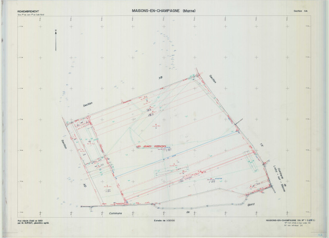 Maisons-en-Champagne (51340). Section XA échelle 1/2000, plan remembré pour 1989, plan régulier (calque)