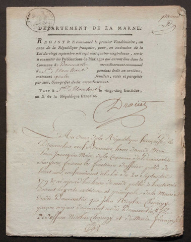 Dommartin-sur-Yèvre. Publications de mariage an X-1927