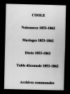 Coole. Naissances, mariages, décès et tables décennales des naissances, mariages, décès 1853-1862