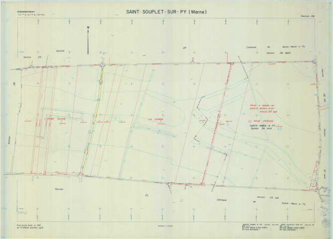 Sainte-Marie-à-Py (51501). Section ZA 1 échelle 1/2000, plan remembré pour 1982 (partie nord, extension sur Saint Souplet sur Py section ZR), plan régulier (calque)