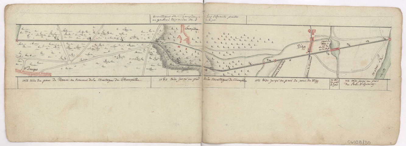 Cartes itineraires grandes routes, 1786 : Route de Reims à Nogent sur Seine par Epernay, de Saint-Imoges à Dizy.
