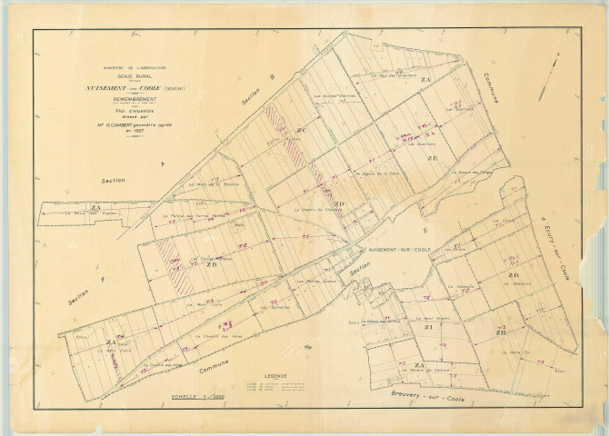 Nuisement-sur-Coole (51409). Tableau d'assemblage 1 échelle 1/5000, plan remembré pour 1957, plan régulier (papier)