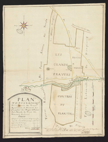 Plan topographique de la Neuville au Temple appartenant à Monsieur Le Chevallier Le Begue Commandeur de la Neuville au Temple et Maucourt dressé par Claude Henry géomètre arpenteur, 1751