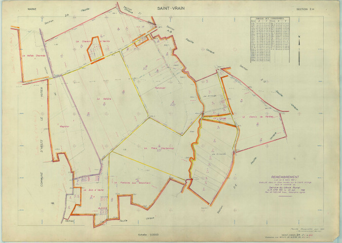 Saint-Vrain (51521). Section ZH échelle 1/2000, plan remembré pour 1962 (extension sur Heiltz-le-Hutier section ZM), plan régulier (papier armé)