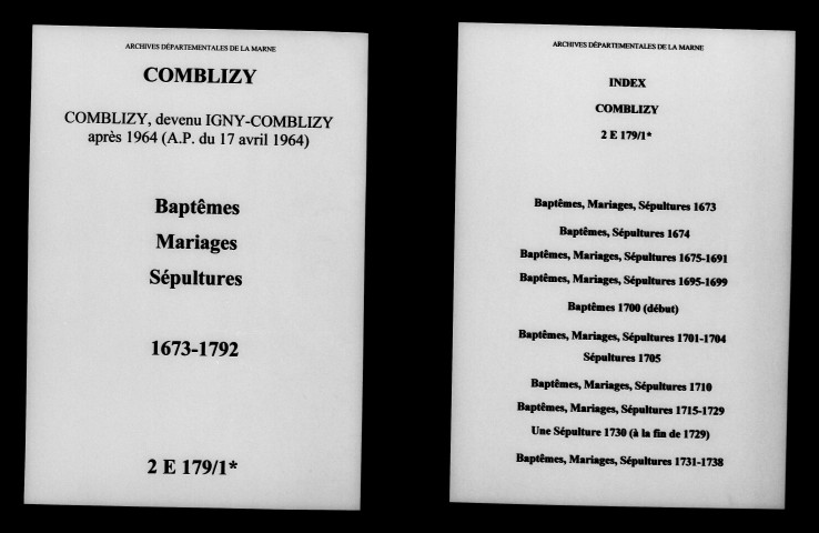 Comblizy. Baptêmes, mariages, sépultures 1673-1792