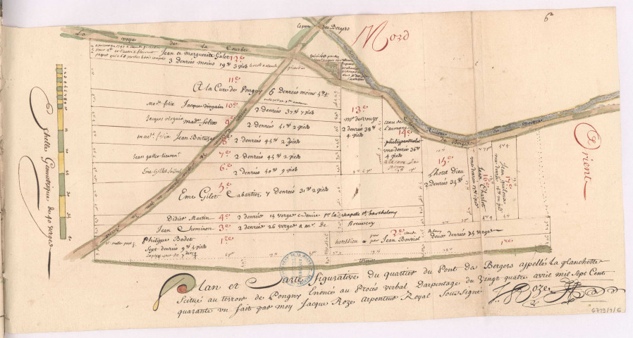 Pogny, plan des contrées dites les quartiers en Champagne levé par Jacques Roze, 1742. Plan et carte figurative du quartier du pont des Bergers appellé la Planchette.