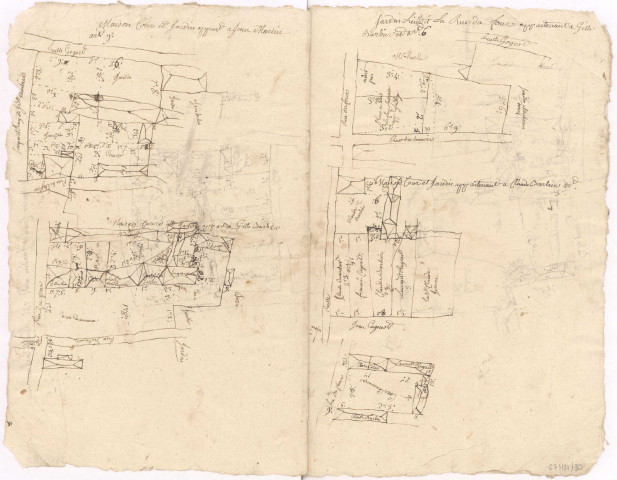 Plan terrier. Village et terroir de Bouy appartenant à Madame l'Abbesse d'Avenay, XVI-XVIIIème s. lieudit " "la rue haute" maison, cour et jardin, jardin lieudit "la rue du four".