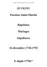 Juvigny. Saint-Martin. Baptêmes, mariages, sépultures 1718-1792