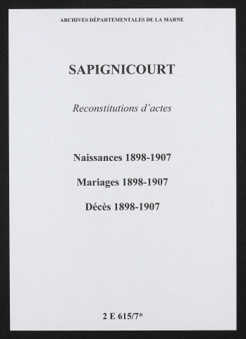 Sapignicourt. Naissances, mariages, décès 1898-1907 (reconstitutions)