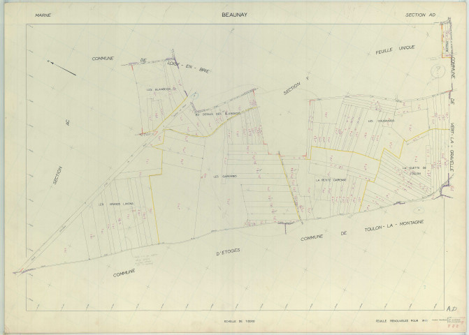 Beaunay (51045). Section AD échelle 1/2000, plan renouvelé pour 01/01/1961, régulier avant 20/03/1980 (papier armé)