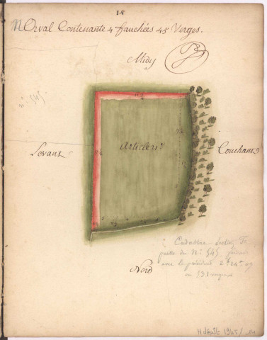 Cayet des plans et figures des prés de l'hotel Dieu de Sainte Manéhould, 1761. Plan n° 14 : Orval.
