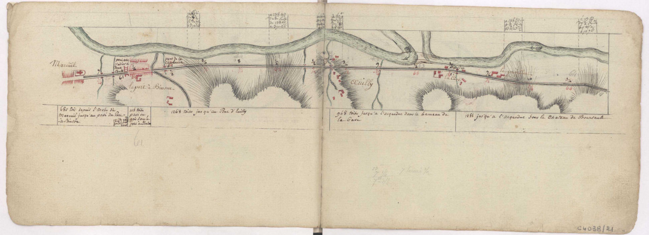 Cartes itineraires grandes routes, 1786 : Route de Paris en Allemagne par Epernay et Chaalons, de Mareuil au château de Boursault.