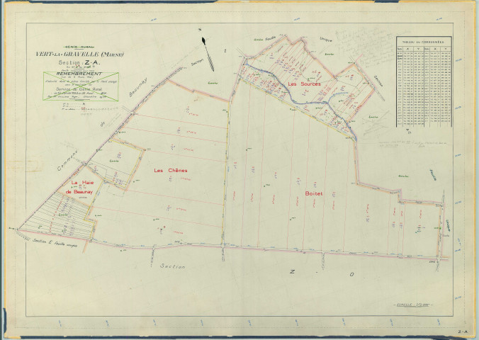 Vert-Toulon (51611). Section ZA échelle 1/2000, plan remembré pour 1954, plan régulier (papier armé)