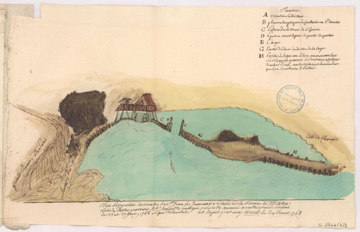 Vue perspective du moulin de St Jean les Jumeaux situé sur la rivière de Marne, 1768.